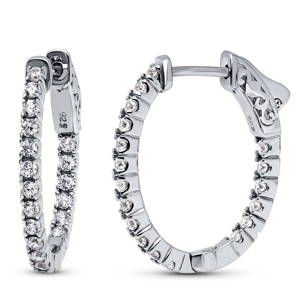 BERRICLE 925 Silver Cubic Zirconia CZ Double Row Inside-Out Hoop Earrings 0.9/"