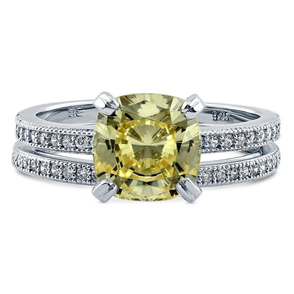 Sterling Silver Cushion Canary Yellow Cubic Zirconia CZ Solitaire