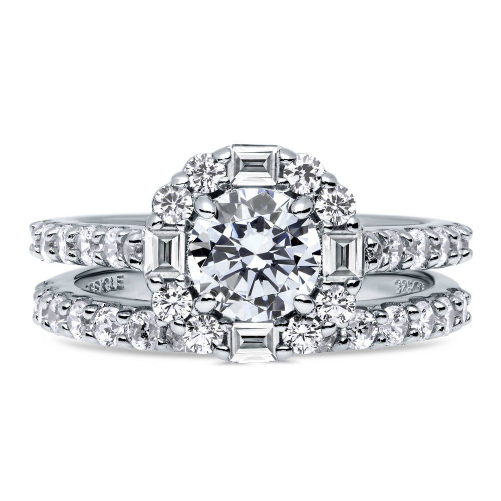 BERRICLE Rhodium Plated Sterling Silver Round Cubic Zirconia CZ Solitaire Engagement Wedding Ring Set 1.6 CTW