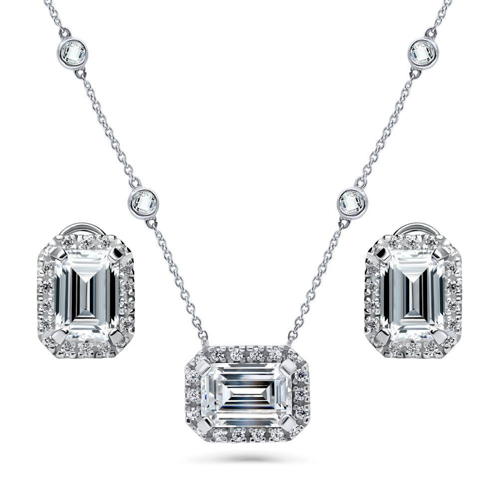 BERRICLE Sterling Silver Round Cut CZ Halo Bridesmaids Necklace and Earrings Set